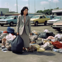 Image: Sara Oscar, [A hyperrealistic photograph of a pregnant Thai woman, tall woman in suit, falling luggage, chaos, airport parking lot, theatrical gestures, falling], 2023. AI generated image. Courtesy the artist.